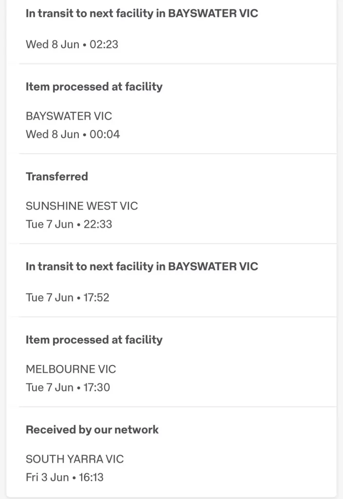 Item processed At Facility Meaning Australia Post